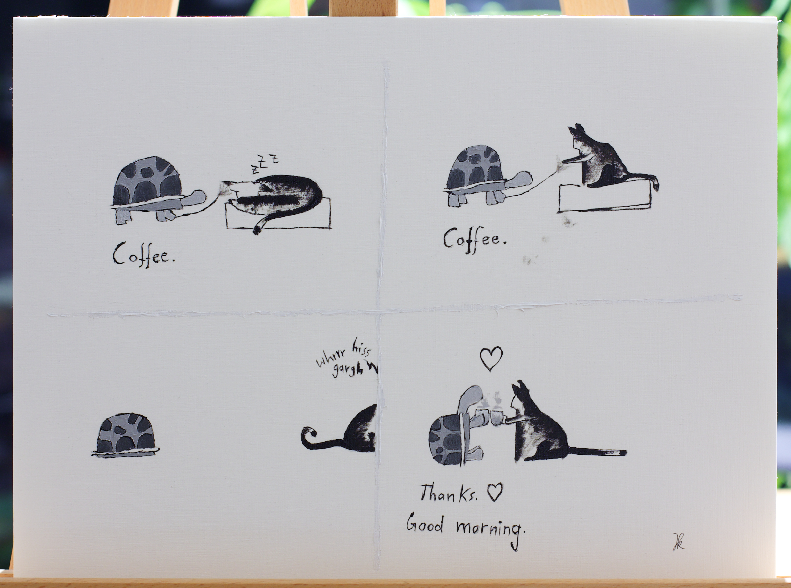 1st panel: Turtle poking sleeping cat with a straw: »Coffee.«
2nd: Turtle still poking, cat wakes up.
3rd: Cat making coffee off-screen, only their back is visible, coffee maker whirring, hissing and gargling.
4th: Turtle and cat having coffee together. Turtle: »Thanks. ❤️ Good morning. ❤️«